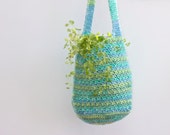 Market Tote Bag, Turquoise and Green Hand Crocheted Farmer's Market Bag, Slouchy Bag, Book Bag