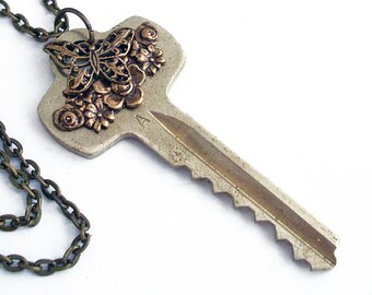 Butterfly and Roses - Recyled Key Necklace - Handmade Jewelry