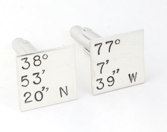 Coordinates Cufflinks - Sterling Silver Cuff Links - Father's Day Gift for Dad - Shirt Fasteners - Custom Wedding Cufflinks - Groomsmen Gift