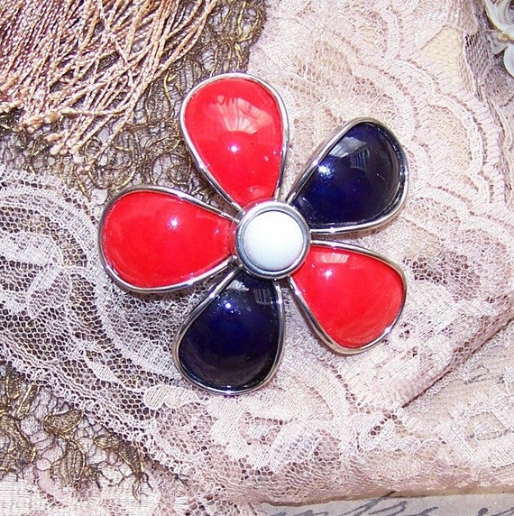 Items similar to Unsigned Silver Tone Metal & Cold Enamel RED/WHITE