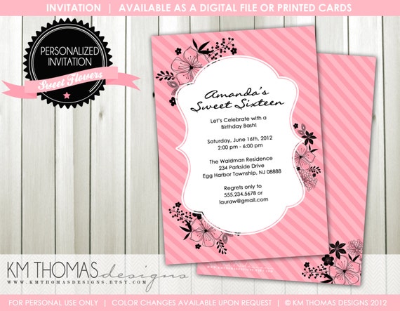 SWEET FLOWERS...Custom Printable Birthday Invitations...by KM Thomas Designs Item 156 Il_570xn