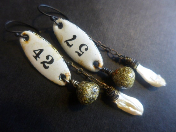 Ordered. Rustic assemblage art earrings with enameled plaques biwa pearls and crackle dangles.