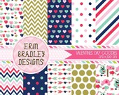 50% OFF SALE Valentines Day Digital Paper Set Pink Red Blue Gold Polka Dots Chevron Stripes Holiday Digital Paper Set Il_170x135