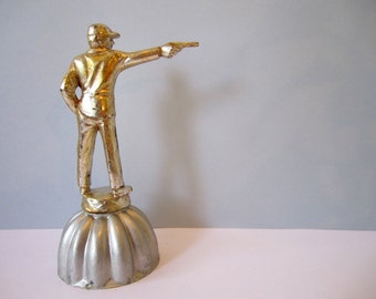 Vintage Industrial Repurposed Trophy ~Original found art sculpture ~ Man with Gun ~ Shooting Range Trophy ~ Man Cave For him Home decor