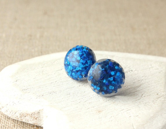 Blue Glitter Earrings Small blue STUD earrings or by acanthusjd