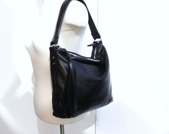 Black leather slouchy bag with tassel messenger bag
