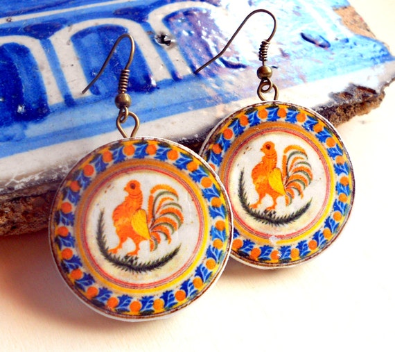 Portugal Antique Pottery DISH Rooster Earrings Waterproof