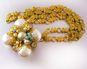 Edwardian Bookchain Necklace huge baroque pearl turquoise filigree pendant
