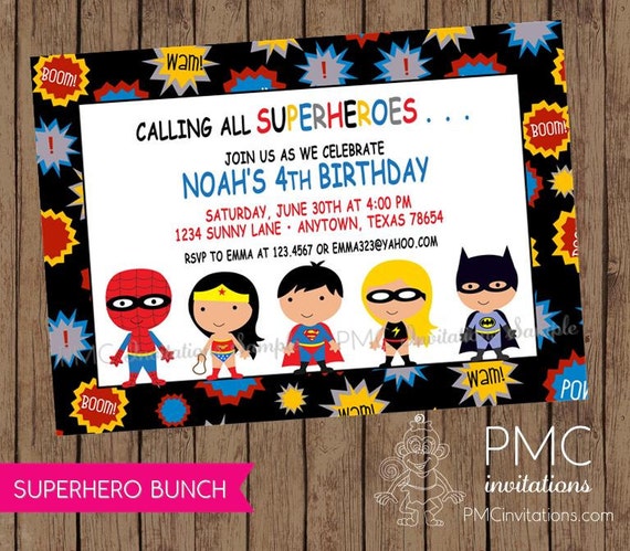 Super heroes Birthday Invitations - 1.00 each with envelope Il_570xn