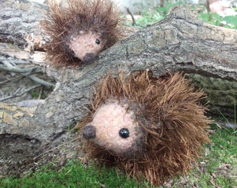 Hedgehog mama and baby plush toys, hedgehog toys, hand knit and felted stuffed animal hedgehogs, stuffed hedgehog toys, made to order