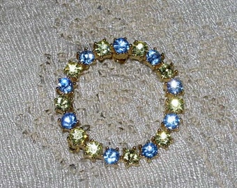 Vintage Blue and White Rhinestone Circle Pin or Brooch