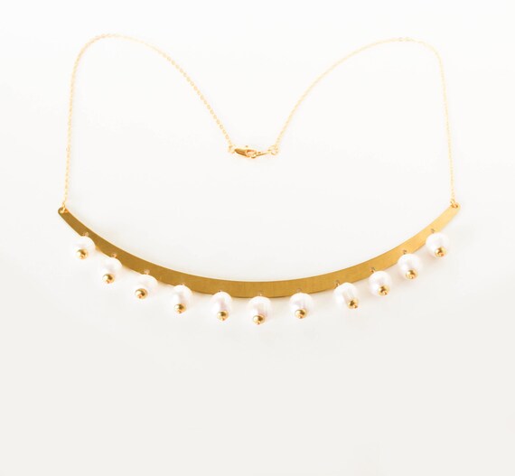 Statement necklace white pearl crescent gold plated necklace
