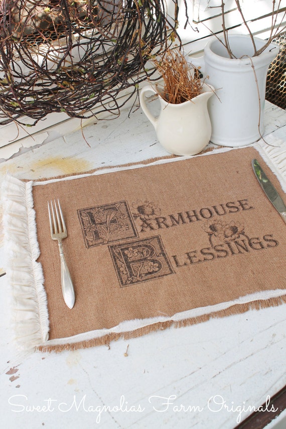 Items similar to Burlap Table Placemats "Farmhouse Blessings" Kitchen