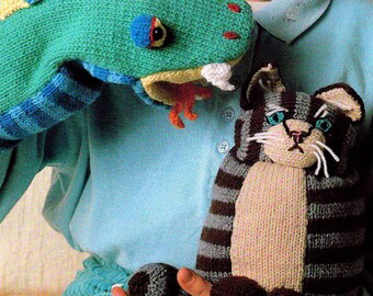 DIGITAL DOWNLOAD PDF Vintage Knitting Pattern Toy Cat and Dragon Glove Puppet Retro 1970s