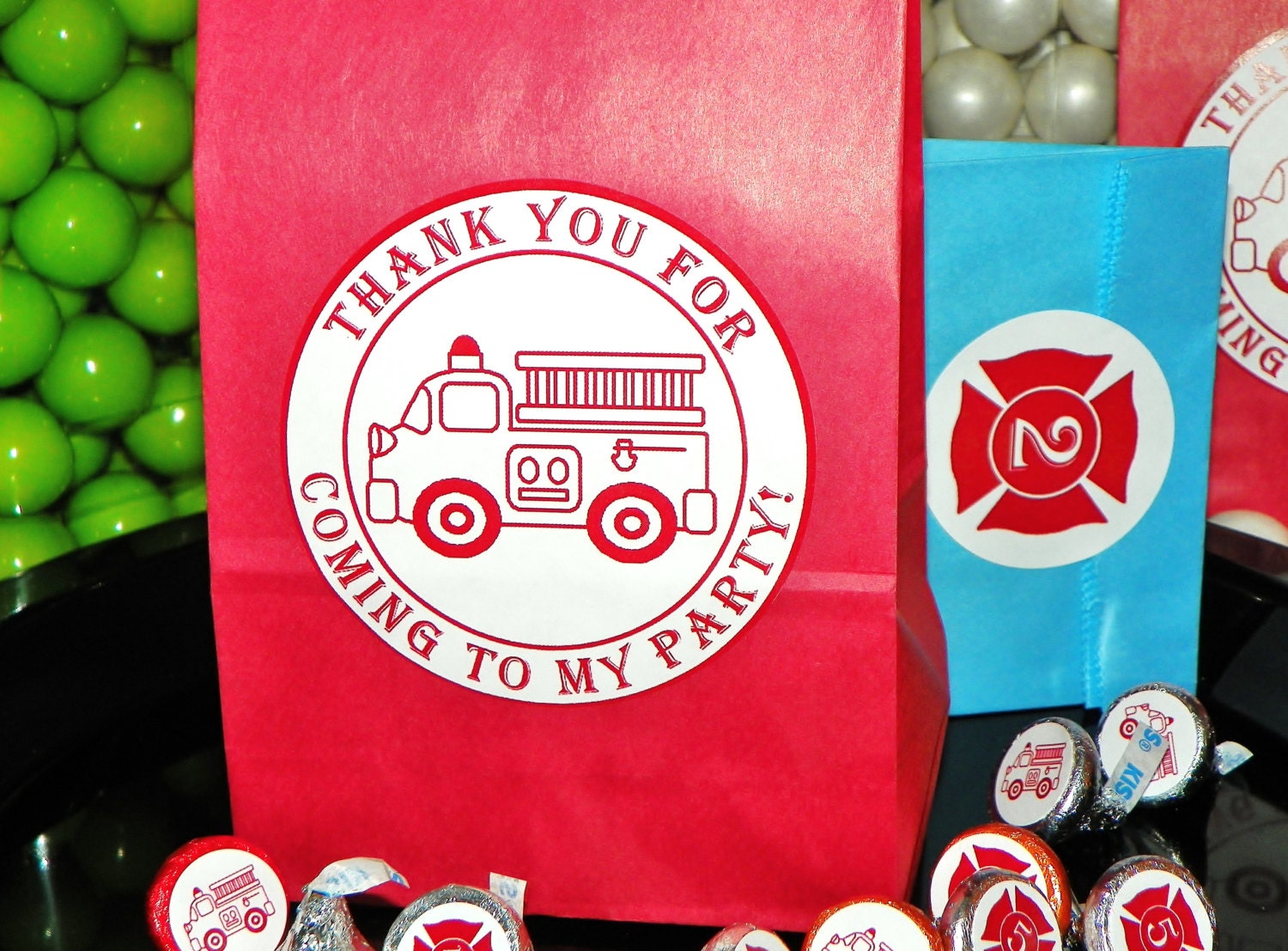 Vintage Fire Truck Party Favor Goody Bags w/Sticker Seals.