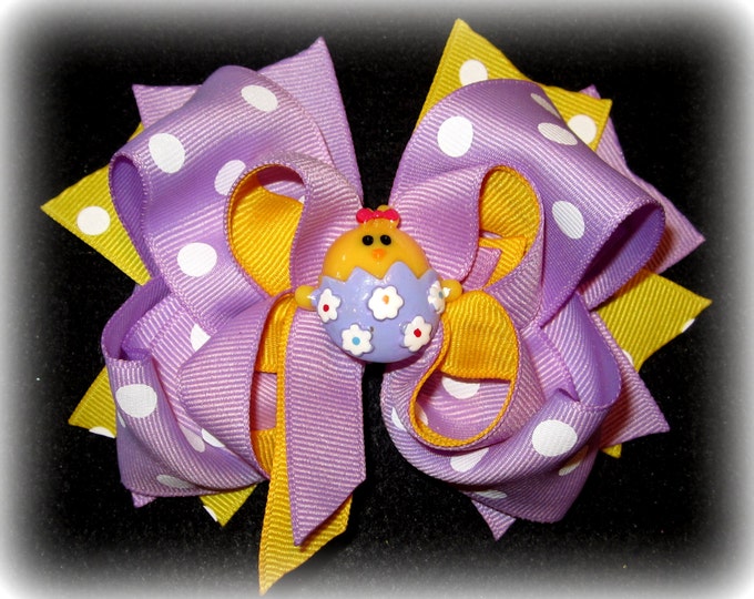 Easter Chick Egg Hair Bow Boutique Layered Hairbow Spring Lavender Purple Yellow