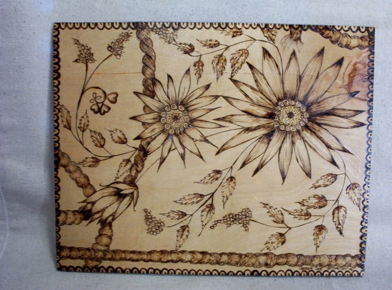 daisy and tangled vines folk art reclaimed wood burned decor