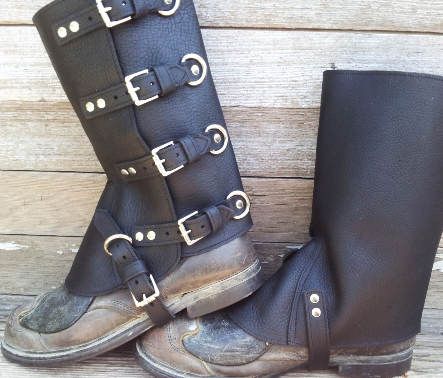 Swiss Military Style Gaiters or Spats in Black Leather w