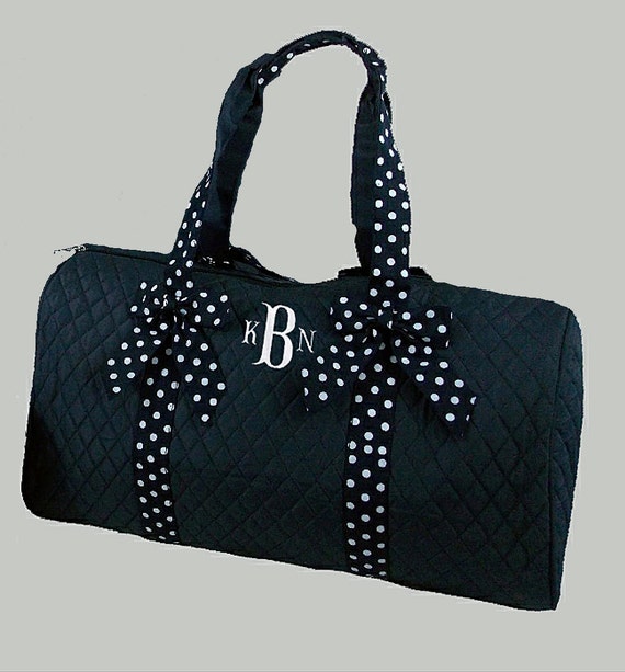 Monogrammed Duffle Bag Quilted Navy With Navy And White Ribbon Trim -Personalization Included-Dance Recital-Travel-Gymnastics