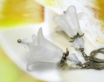 Pure White Earrings, Frosted Soft White Flower Earrings, Alabaster Swarovski Crystal Bridal Jewelry, Wedding Earrings, Boho Chic for Her