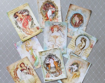 Set of Mucha ATC's or Mucha TAGS- Set of beautiful pastel designs on Cardstock- Alphonse Mucha prints Art Nouveau Mucha Art Trading Card set