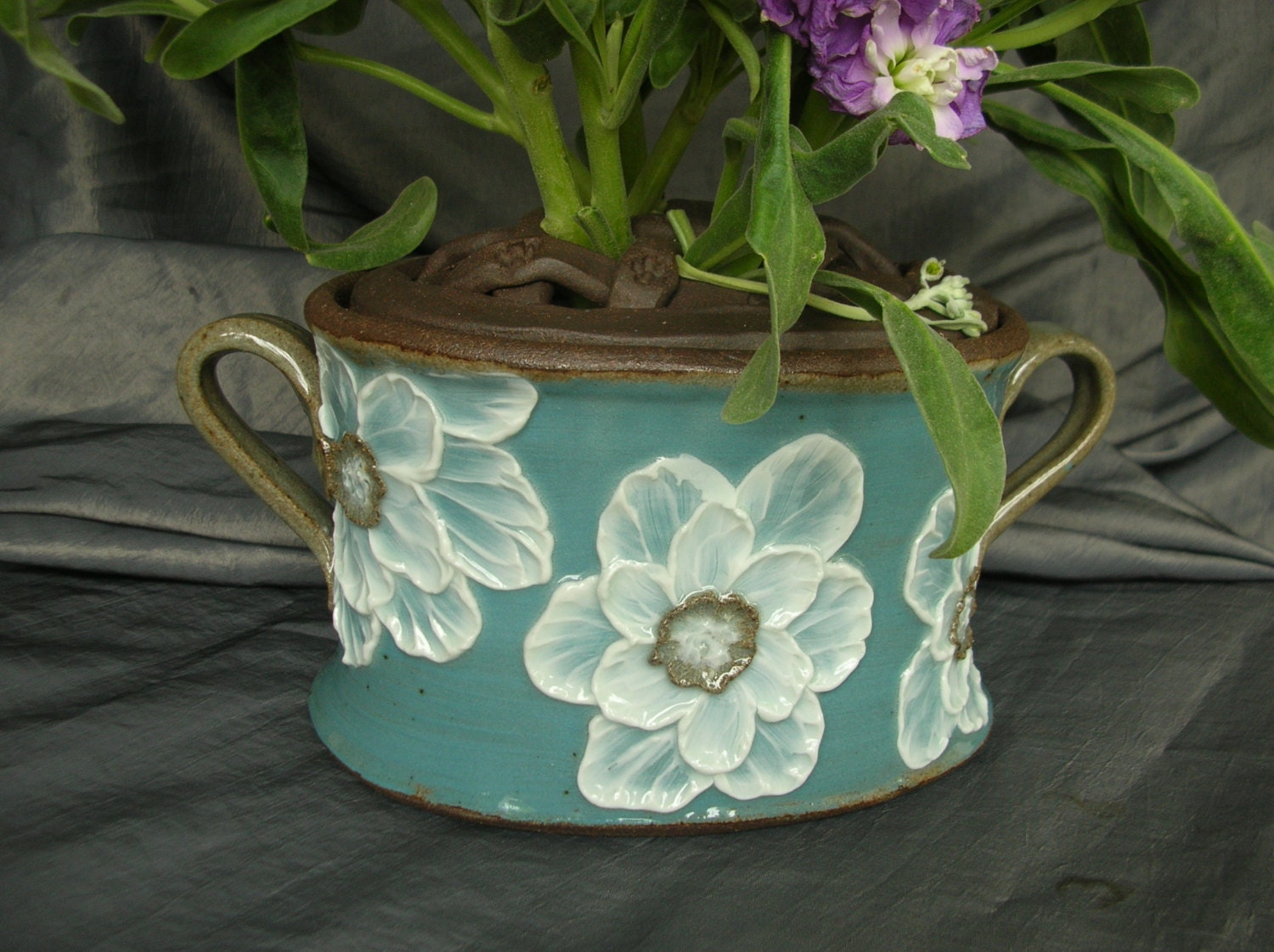 Ceramic Flower Brick with Poppies in Teal Blue