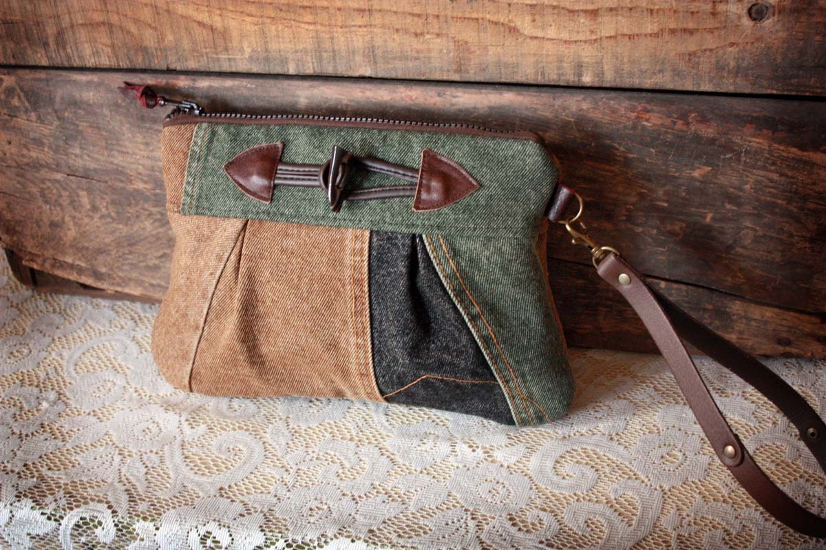 Denim clutch Upcycled wristlet Pouch Olive Black Tan colors