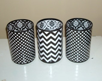 More SIZES, Desk Accessories, Pencil Holder, Desk Organizer, Dorm Makeup Organizer, Black White Chevron Polka Dot Damask - 943