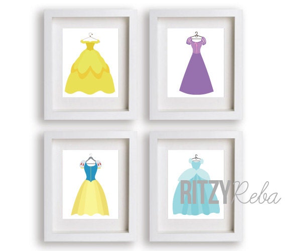 Adorable art prints of Disney princess dresses--perfect for a little girl's bedroom or play room!