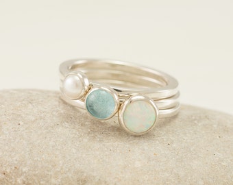 Stacking Rings- Silver Stacking Ring Set- Stack Rings- Stone Rings- Opal Ring, Pearl Ring, Blue Topaz Ring, Mothers Ring Stackable