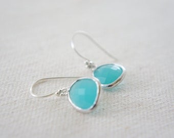 Mint blue sterling silver french hook earrings - tear drop earrings, bridal, wedding, gift