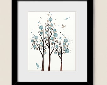 Blue and Brown Polka Dot Tree Art Print, Flying Bird Wall Decor, 11 x 14 Home Decor (297)