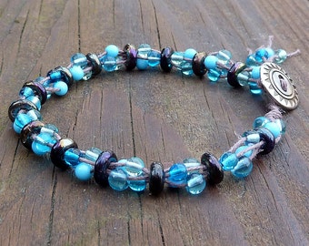 Turquoise Blue Glass Bracelet - Blue Glass Beads, Brown Hemp, Multi Strand Bracelet