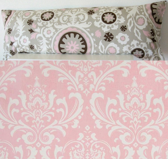 Items similar to Pillow Cover - Pink - damask - pink suzani - Two Faces - 20x54 - body pillow ...