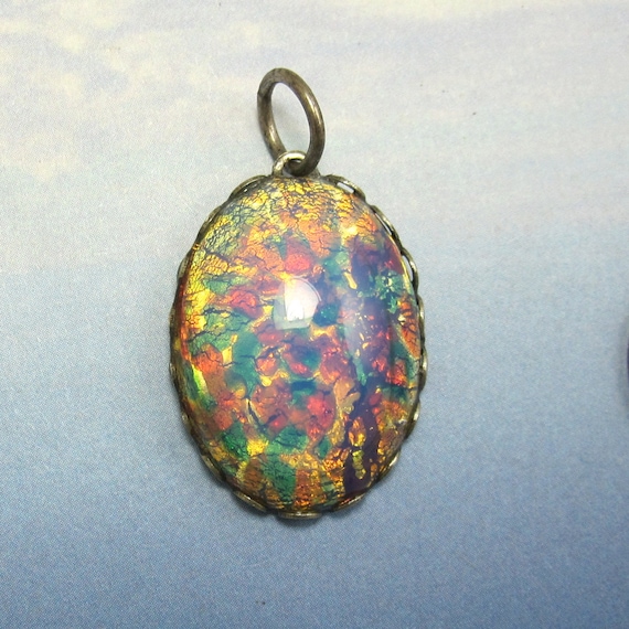 Vintage Glass Pendant Fire Opal Cabochon Pink Opal in Silver