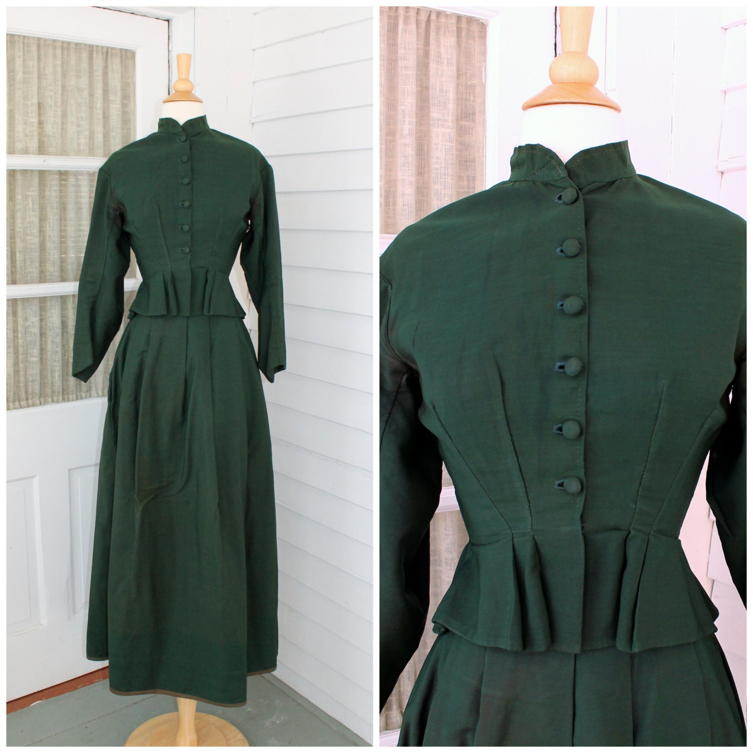 Antique Victorian Day Dress Forest Green Jacket and Skirt