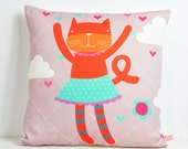 decorative throw pillow for kids room with orange miss cat - 12 inch / 30 cm