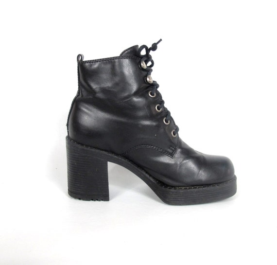 90s Black Platform Lace Up Ankle Boots Faux Leather Vegan Goth