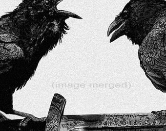 Raven, Odin artwork , Raven, crow, Huginn and Muninn, Etching, assorted colors, 5 inch x 14 inch 2013