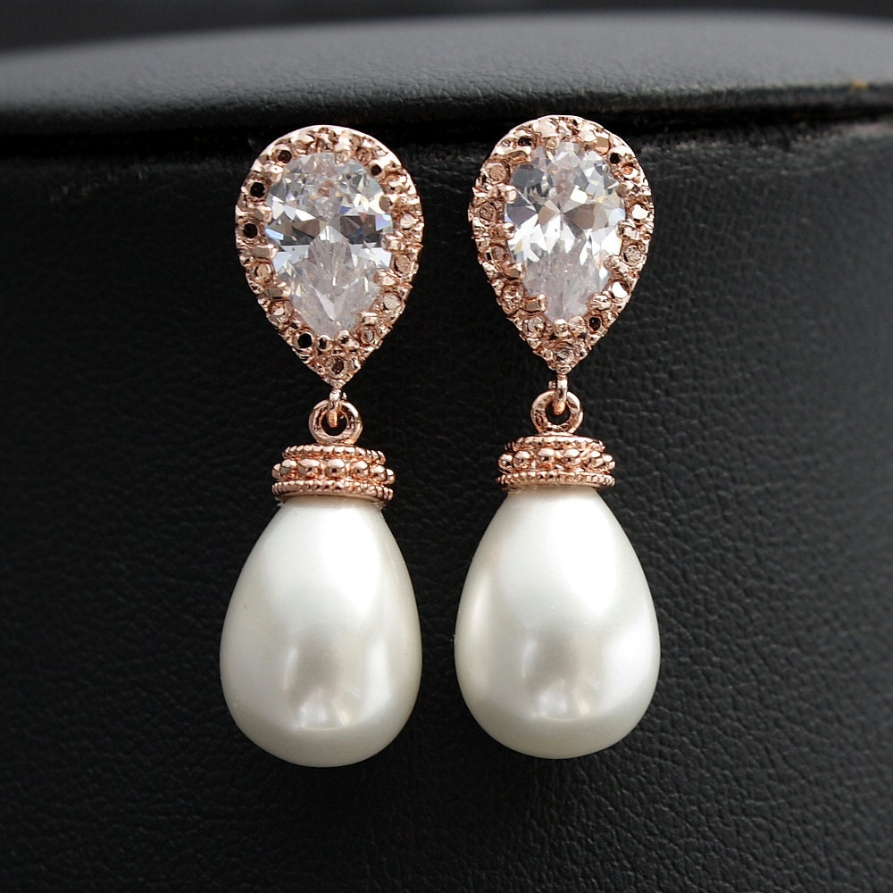 Rose Gold Pearl Earrings Bridal Jewelry Pearl Jewelry Cubic