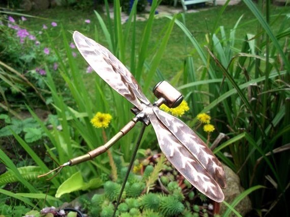 Copper dragonfly garden stake