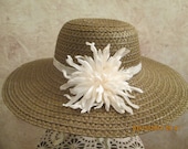 Women's Brown Straw Hat with Ivory Flower - Women's Tea Hat - Women's Garden Hat