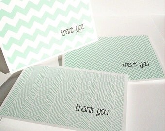 Modern Thank You Cards - Mint Thank You Notes, Chevron Stripes Herringbone Geometric Stationery Set Bright Aqua Mint Thank You Card Set