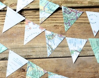 Vintage Map Triangle Garland - 6, 8, 10, 15 or 30 feet of bunting