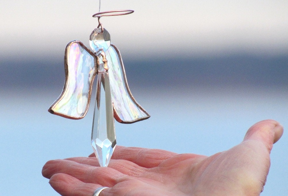 Angel Christmas Tree Ornament Crystal Copper Stained Glass Christening Suncatcher