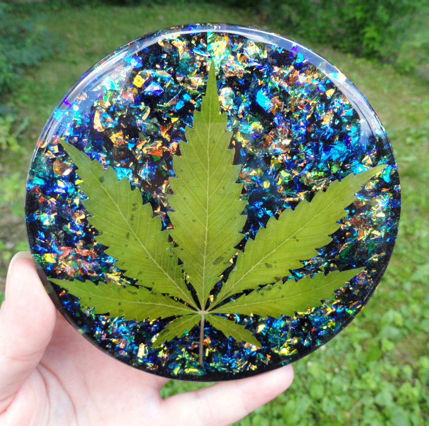 REAL Marijuana Leaf Bong Coaster Black Rainbow Opal Size
