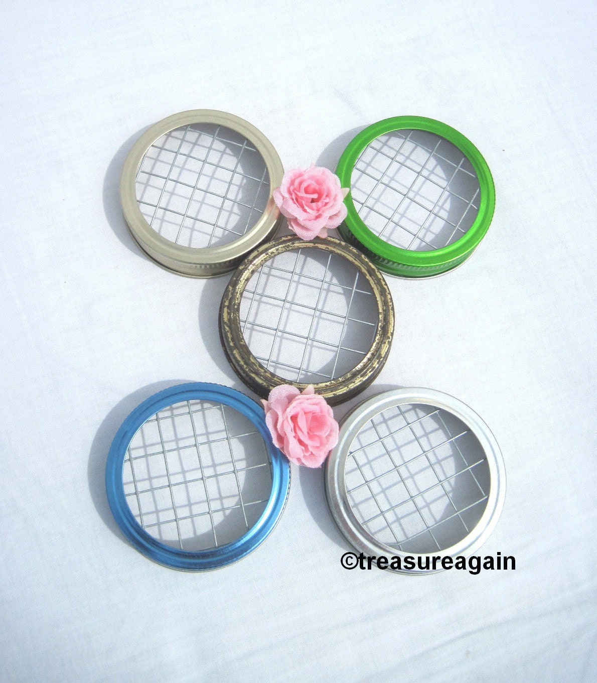Mason Jar Flower Frog Lids Blue Green Silver Gold Rustic