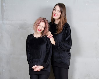 Velvet Oversized Sweater Black | Soft Drapey Sweatshirt Tunic | Velvet Jumper w Pockets | Sweatshirt Dress