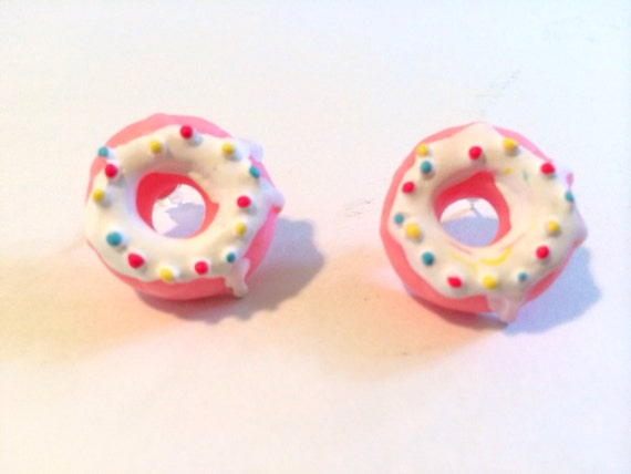 Strawberry, Pink Donut Post Earrings,miniature food, kawaii, marie antoinette, hunger games inspired