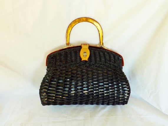 1960s Lucite Handbag / vintage 1960s Copper Brown Lucite and Black Basket Weave Handbag Purse